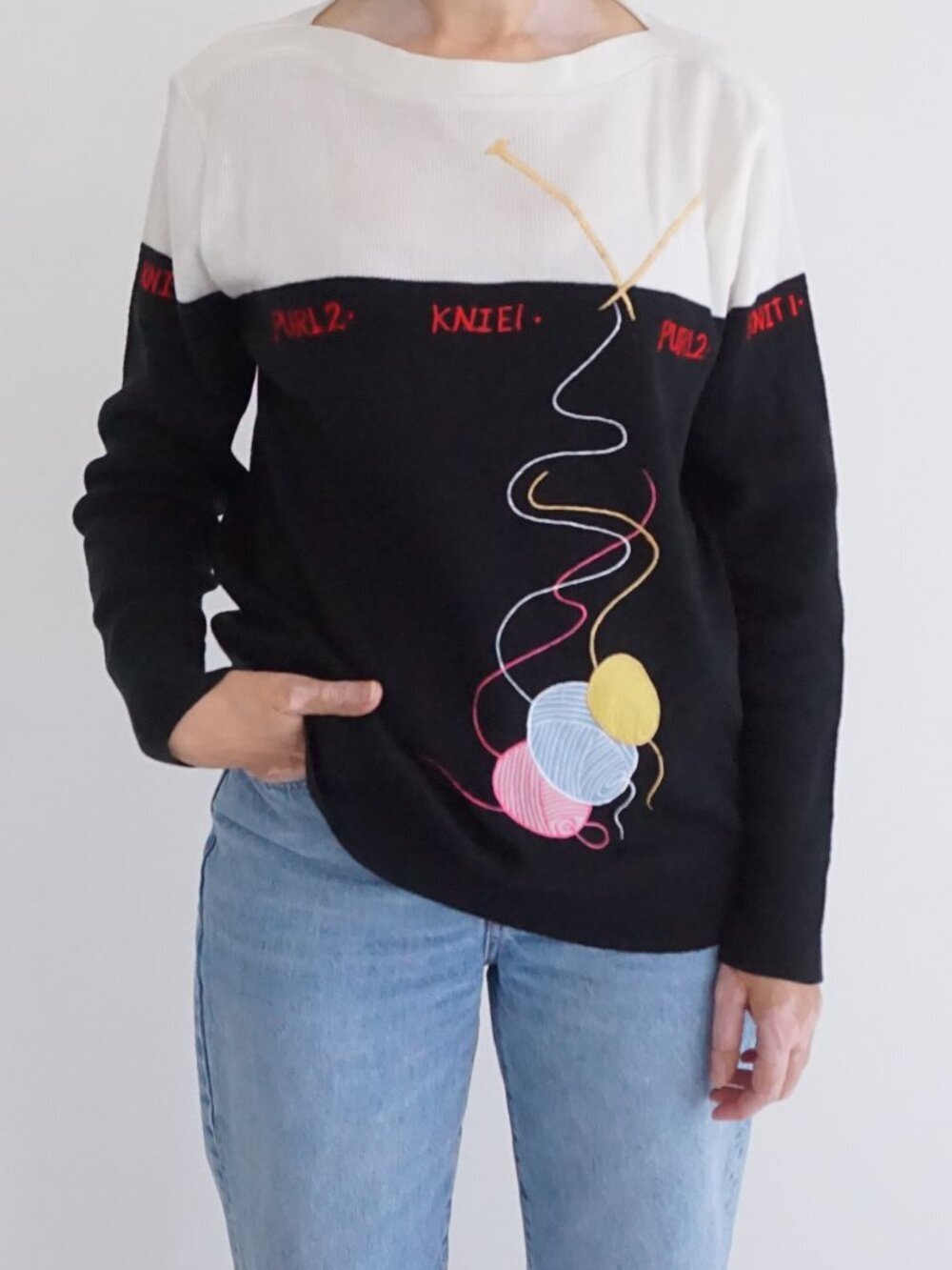 Vintage Bonnie Lee Black White Knitting Yarn Needle Novelty Knit Sweater Top L
